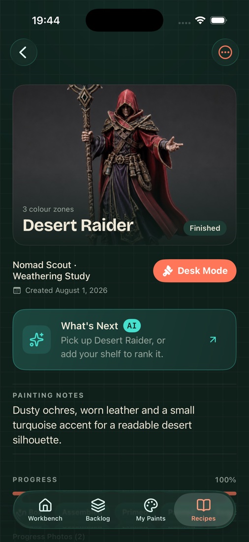 MiniPaint AI recipe screen with a finished miniature, painting notes, and Desk Mode