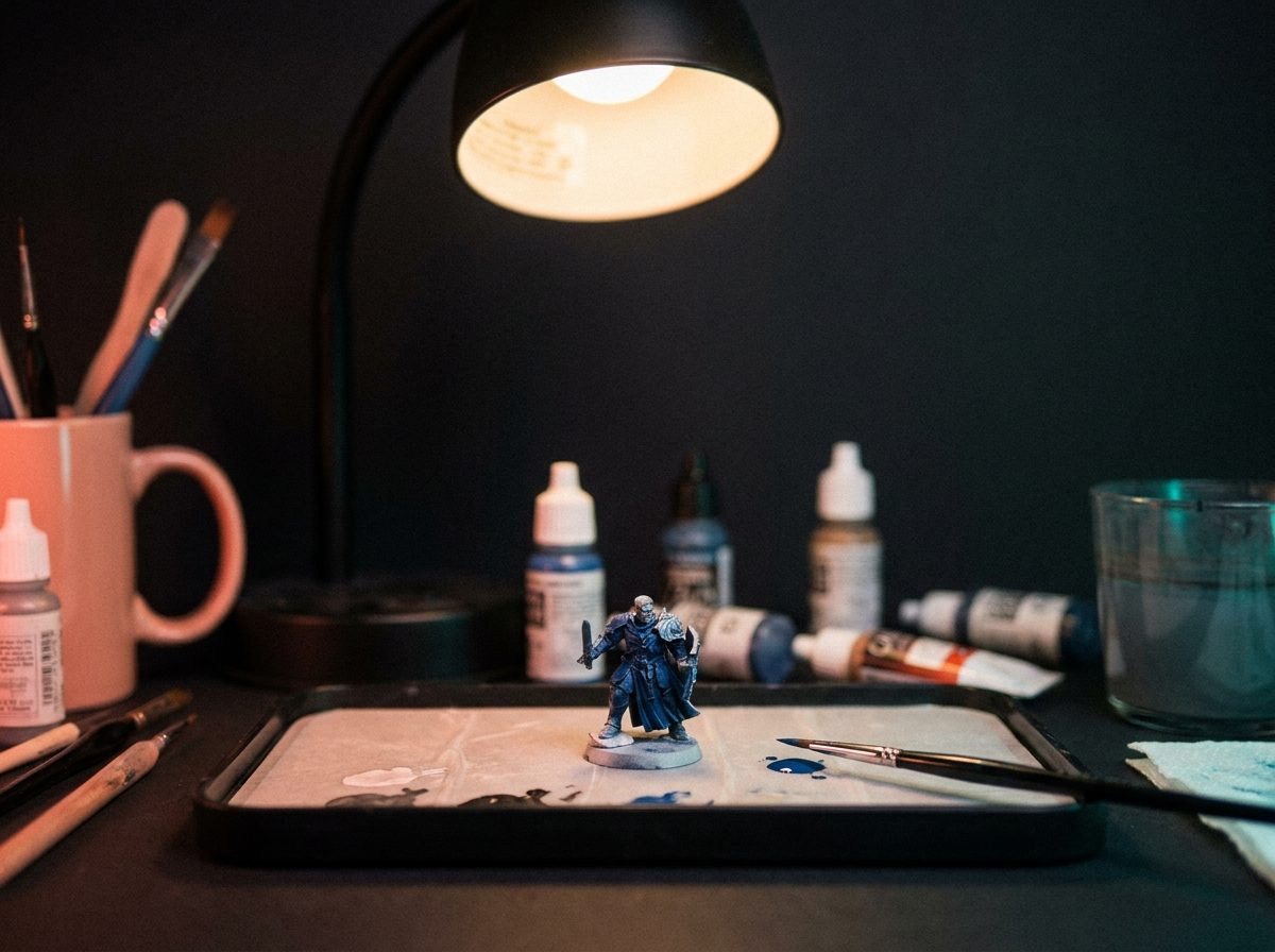 A miniature painting session under a desk lamp