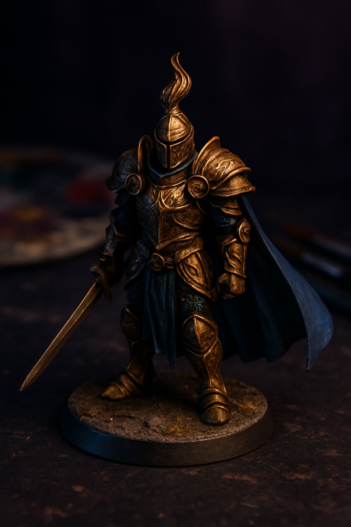 A finished miniature knight with warm gold armour and deep blue cloth