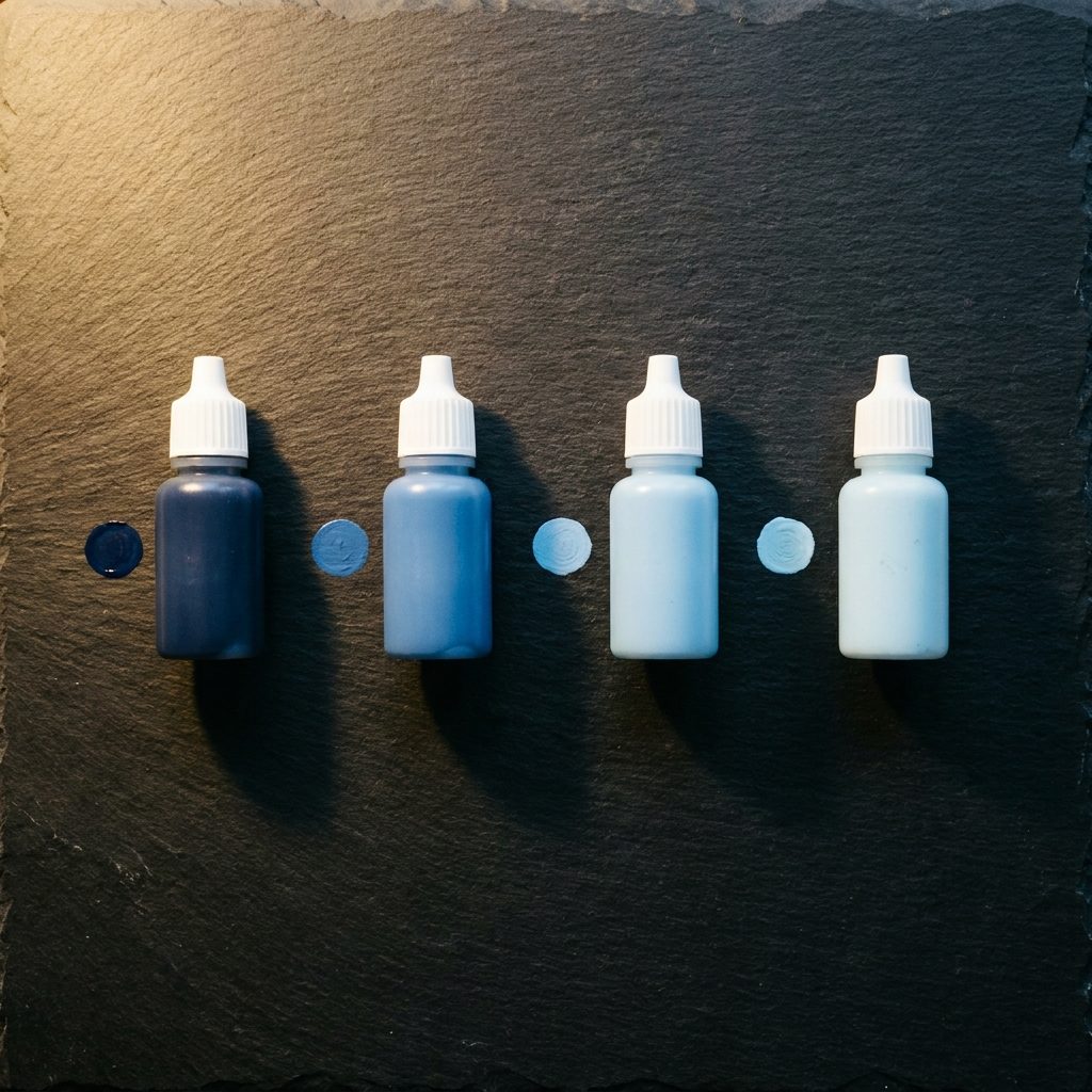 Blue paint bottles arranged from shadow to highlight
